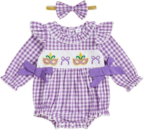 Baby Girl Mardi Gras Outfit Embroidery Plaid Long Sleeve Smocked Bubble Romper Bodysuit Carnival Clothes with Headband in Saudi Arabia