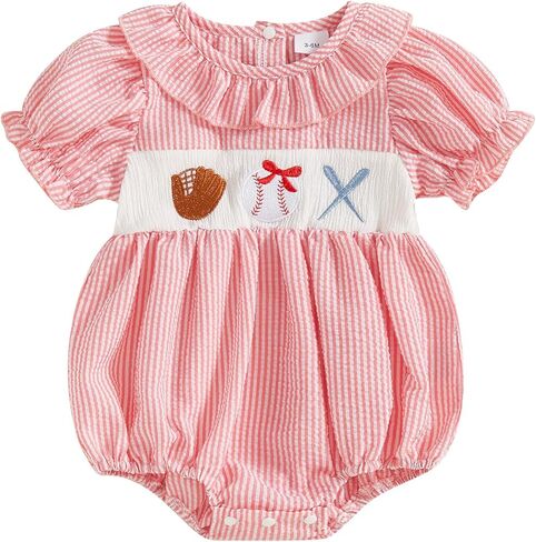 SAYOO Baby Girl Baseball Outfit Baseball Embroidery Smocked Bubble Romper Plaid Gingham Bodysuit Newborn Ruffle Jumpsuit in Saudi Arabia
