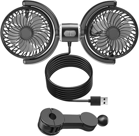 مروحة سيارة خفيفة الوزن برأسين مزدوجين، جهاز تبريد قابل للدوران يعمل بـ 3 سرعات USB لتعزيز الراحة ودوران الهواء، مروحة تبريد السيارة الهادئة in Kuwait