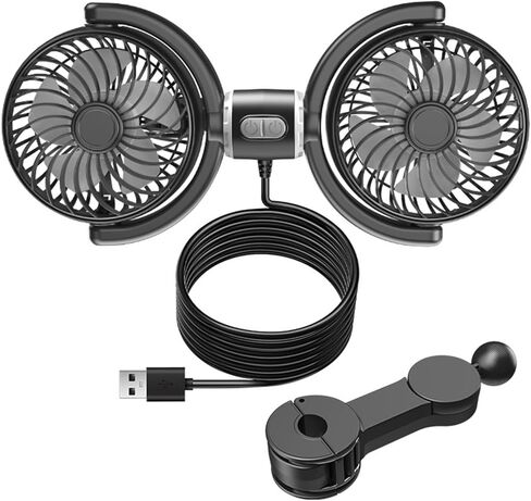 مروحة سيارة خفيفة الوزن برأسين مزدوجين، جهاز تبريد قابل للدوران يعمل بـ 3 سرعات USB لتعزيز الراحة ودوران الهواء، مروحة تبريد السيارة الهادئة in Kuwait