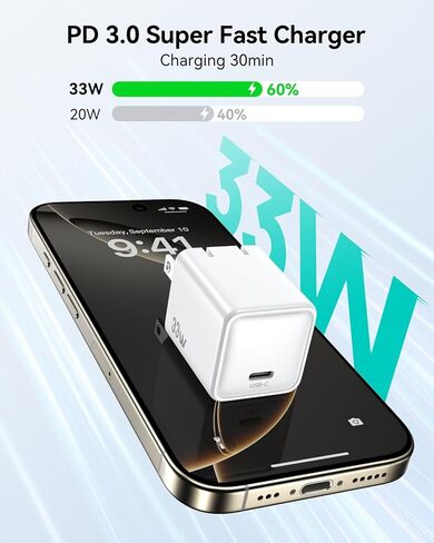 شحن سريع لشاحن iPhone 16/15، PD 3.0 PPS 33W GaN USBC كتلة شاحن قابلة للطي، محول شحن حائط مدمج من النوع C لسلسلة Apple iPhone 16 Pro Max، Galaxy S25/Pixel 9/iPad Pro (أبيض) in Saudi Arabia
