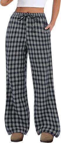 ANRABESS Women's Striped Gingham Pants 2025 Fall Pajama Lounge Boxer Pants Casual Wide Leg Drawstring PJ Bottoms Trousers in Saudi Arabia