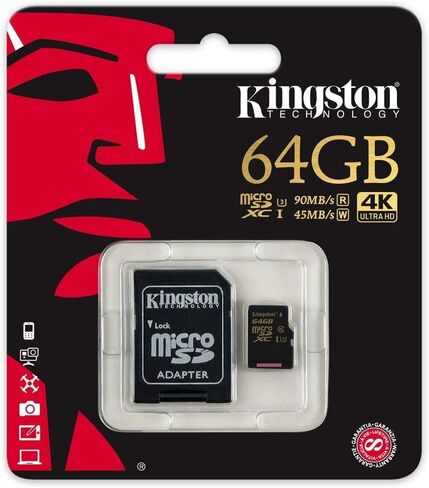 كينجستون ديجيتال 64 جيجابايت Microsdhc فئة U3 UHS-I 90R/45W + محول SD (SDCG/64 جيجابايت) in Kuwait