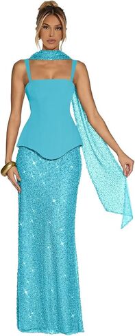 Sparkly Sequin Mermaid Prom Dresses with Scarf Spaghetti Straps Satin Formal Evening Dress for Women in Kuwait