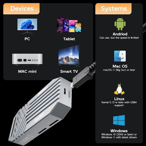 حاوية MAIWO 80 جيجابت في الثانية M.2 NVMe SSD مع مروحة تبريد، حاوية NVMe 80 جيجابت في الثانية خالية من الأدوات لمفتاح 2280 M، متوافقة مع Thunderbolt 4/3/USB4/USB C، شريحة سبائك الألومنيوم JHL9480 in Kuwait