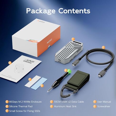 حاوية MAIWO 80 جيجابت في الثانية M.2 NVMe SSD مع مروحة تبريد، حاوية NVMe 80 جيجابت في الثانية خالية من الأدوات لمفتاح 2280 M، متوافقة مع Thunderbolt 4/3/USB4/USB C، شريحة سبائك الألومنيوم JHL9480 in Kuwait