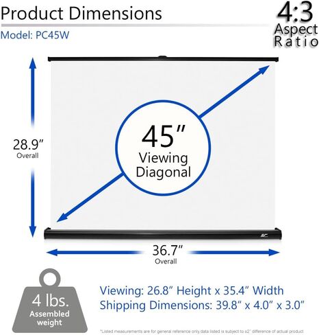 Elite Screens PicoScreen Series, Light-Weight Pull Up Manual Projector Screen, 45-inch 16:9, Portable Table-Top Pull-Up Home Theater Movie Office Classroom Fiberglass Projection Screen, PC45W, Black in Saudi Arabia