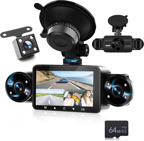 360° Dash Cam Front and Rear Inside Left Right, 4 Channel FHD 1080P Dash Cam for Cars, 3 Inch IPS Dashcams with 8 IR Night Vision, Loop Recording, G-Sensor, 24H Parking Mode Monitor, Reverse View in Saudi Arabia