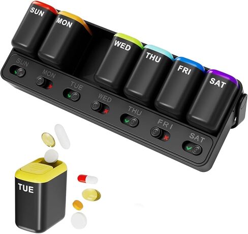 Weekly Pill Organizer 7 Day Pill Organizer one time a Day with Reminder, Detachable Travel Pill Case, Large Capacity Medicine Organizer for Vitamins, Supplements & Daily Medications (Black) in Saudi Arabia