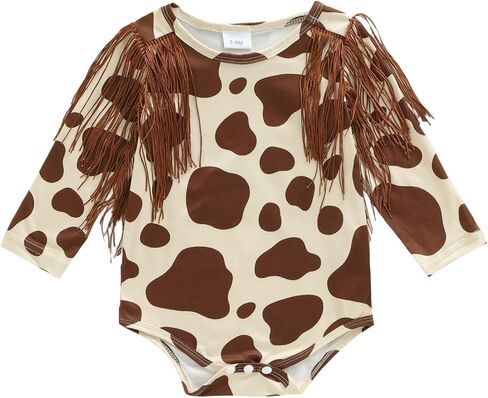 Baby Girl Western Outfit Newbron Coming Home Outfit Fall Clothes Long Sleeve Tassel Bodysuit Cow Print Fringe Romper in Saudi Arabia