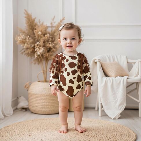 Baby Girl Western Outfit Newbron Coming Home Outfit Fall Clothes Long Sleeve Tassel Bodysuit Cow Print Fringe Romper in Saudi Arabia