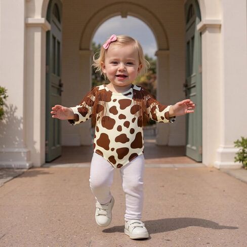 Baby Girl Western Outfit Newbron Coming Home Outfit Fall Clothes Long Sleeve Tassel Bodysuit Cow Print Fringe Romper in Saudi Arabia