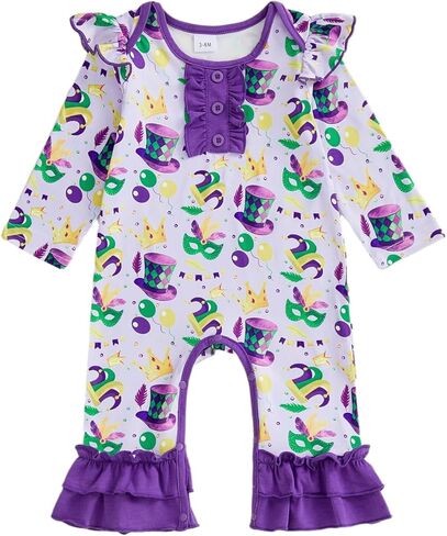 Lamuusaa Newborn Baby Girl Mardi Gras Outfit Long Sleeve Ruffle Mask Crown Romper Flared Bodysuit Jumpsuit 0-18M in Saudi Arabia