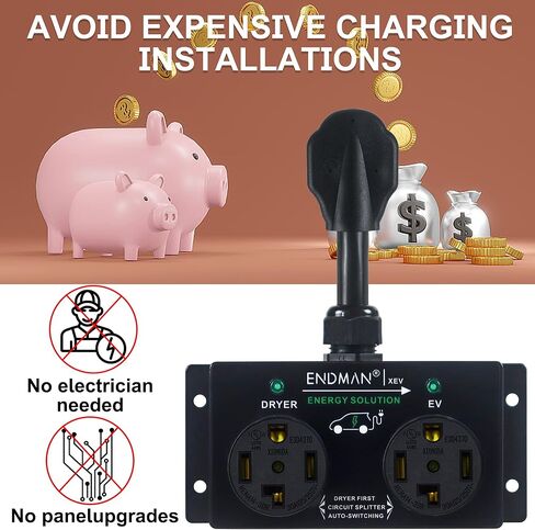 Automatic Power Switch for Dryer and EV Charger (NEMA 14-30P Only) - Intelligent Splitter Sharing 240V Outlet - Level 2 Home Charging Station for Renters - Compatible with Tesla & All EVs in Saudi Arabia