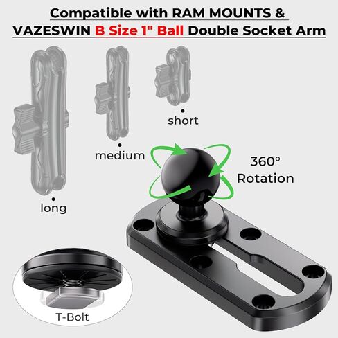 4" Tough-Track Mount with 1" Ball T-Bolt Track Base for Kayak Boat, Compatible with RAM Mounts B Size 1" Ball Double Socket Arm, for Phone Holder, Fish Finder, Action Camera Mount, 8 Screws in Saudi Arabia