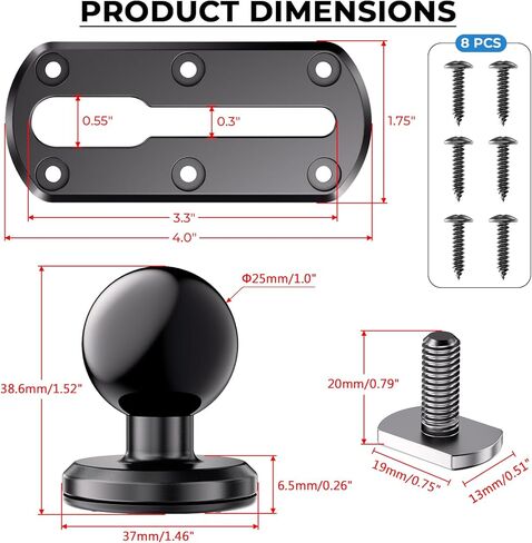 4" Tough-Track Mount with 1" Ball T-Bolt Track Base for Kayak Boat, Compatible with RAM Mounts B Size 1" Ball Double Socket Arm, for Phone Holder, Fish Finder, Action Camera Mount, 8 Screws in Saudi Arabia