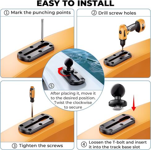 4" Tough-Track Mount with 1" Ball T-Bolt Track Base for Kayak Boat, Compatible with RAM Mounts B Size 1" Ball Double Socket Arm, for Phone Holder, Fish Finder, Action Camera Mount, 8 Screws in Saudi Arabia