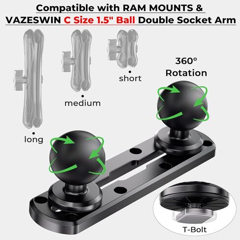 7" Tough-Track Mount with 2 PCS 1.5" Ball T-Bolt Base for Kayak Boat, Compatible with RAM Mounts C Size 1.5" Ball Double Socket Arm, for Fish Finder Mount, Fishing Rod, Marine GPS, 10 Screws in Saudi Arabia