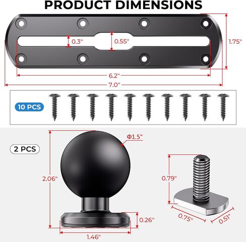 7" Tough-Track Mount with 2 PCS 1.5" Ball T-Bolt Base for Kayak Boat, Compatible with RAM Mounts C Size 1.5" Ball Double Socket Arm, for Fish Finder Mount, Fishing Rod, Marine GPS, 10 Screws in Saudi Arabia