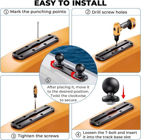 7" Tough-Track Mount with 2 PCS 1.5" Ball T-Bolt Base for Kayak Boat, Compatible with RAM Mounts C Size 1.5" Ball Double Socket Arm, for Fish Finder Mount, Fishing Rod, Marine GPS, 10 Screws in Saudi Arabia