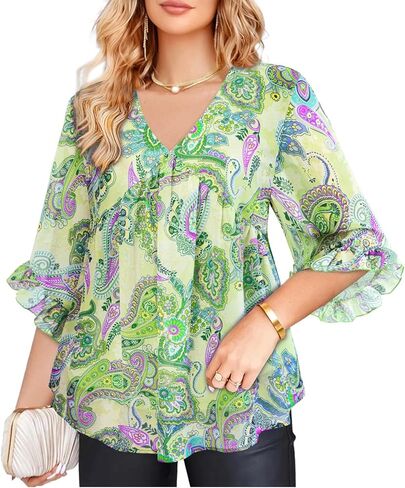 Amrto Womens Tops Plus Size Fashion Chiffon Blouses 3/4 Sleeve Ruffle Dressy Casual Cocktail Party Business Wedding in Kuwait