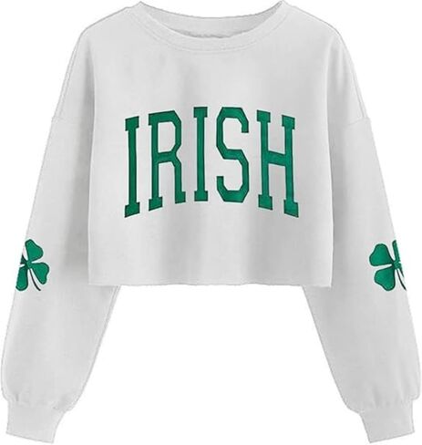 Women's St. Patrick's Day Crop Sweatshirt Funny Lucky Shamrock Graphic Lantern Long Sleeve Pullover Spring Tops in Saudi Arabia