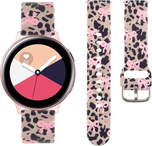 حزام مطبوع عليه قوس الفهد اللطيف متوافق مع ساعة Galaxy Watch 7 6 5 4/Active 2 40mm 44mm/5 Pro/6 Classic 47mm/Watch 4 Classic، 20 مم من السيليكون الناعم بتصميم على شكل فيونكة لأساور ساعات سامسونج للنساء in Kuwait