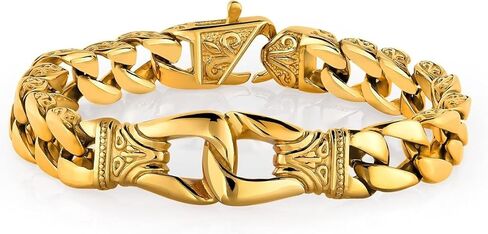 مجموعة سوار Fleur De Lis Link المطلي بالذهب عيار 24 قيراط للرجال من Urban Jewelry - سلسلة ثقيلة، 8.5-9 بوصة، مقاومة للخدش، مشبك قفل آمن، صندوق هدايا in Saudi Arabia