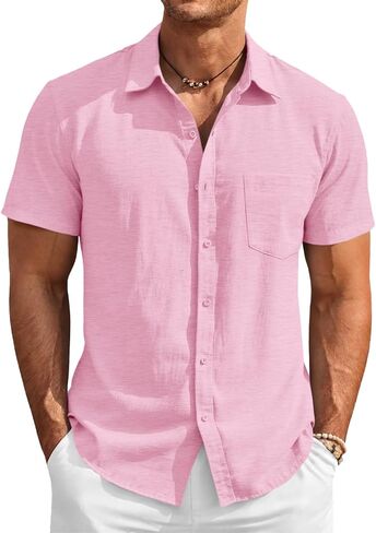 Runcati Mens Button Down Linen Shirt Short Sleeve Casual Vacation Shirts Summer Beach Wedding Tops with Pocket in Saudi Arabia