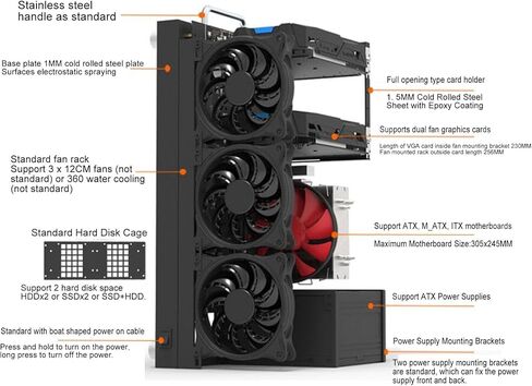 حافظة كمبيوتر ATX، حافظة Micro ATX للوحات الأم ATX، M ATX، ITX، تبريد مياه 360 درجة، إلخ، إطار حافظة كمبيوتر مفتوح بمقبض يمكن أن يقف أو يستلقي، لوح فولاذي تبريد قوي in Kuwait