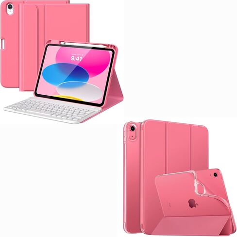 MoKo Slim Case and Keyboard Case for iPad 10th Generation 10.9 inch 2022, Soft TPU Translucent Back Case with Multi-Angle Detachable Bluetooth Keyboard, Watermelon+Pink in Saudi Arabia