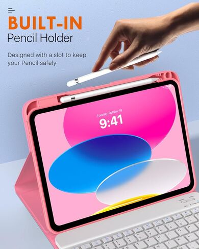 MoKo Slim Case and Keyboard Case for iPad 10th Generation 10.9 inch 2022, Soft TPU Translucent Back Case with Multi-Angle Detachable Bluetooth Keyboard, Watermelon+Pink in Saudi Arabia