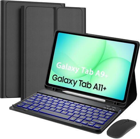 حافظة لوحة مفاتيح قابلة للفصل مع ماوس لجهاز Samsung Galaxy Tab A11+ 2025/ A9+ 2023 مقاس 11 بوصة، غطاء لوحة مفاتيح مغناطيسي بإضاءة خلفية 7 ألوان لهاتف Samsung A11 Plus/A9 Plus 11 بوصة مع حامل قلم، زوايا متعددة، أسود in Kuwait
