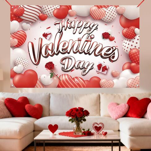 Happy Valentines Day Banner Valentines Backdrop for Photography Valentines Day Decorations Valentine's Birthday Indoor Outdoor Holiday Background Home Wall Garage Door Party Supplies 71x43 Inch in Kuwait