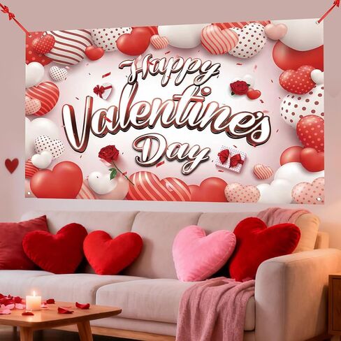 Happy Valentines Day Banner Valentines Backdrop for Photography Valentines Day Decorations Valentine's Birthday Indoor Outdoor Holiday Background Home Wall Garage Door Party Supplies 71x43 Inch in Kuwait