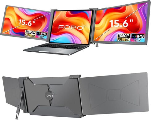 FOPO شاشة كمبيوتر محمول ثلاثية محمولة مقاس 15.6 بوصة، شاشة FHD 1080P IPS موسع شاشة محمولة لأجهزة الكمبيوتر المحمول مقاس 15.6-17.3 بوصة، موسع شاشة الكمبيوتر المحمول PnP Travel مع USB-C وHDMI، شاشة مزدوجة لنظام التشغيل Windows، Mac in Kuwait