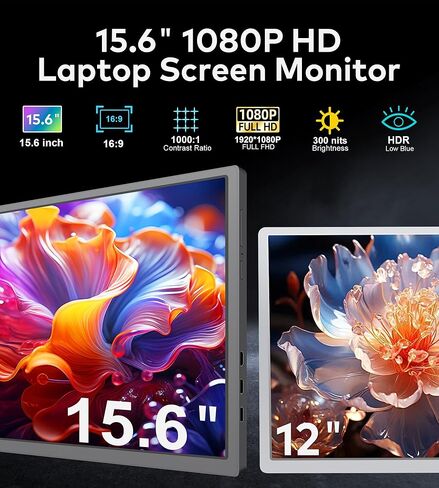 FOPO شاشة كمبيوتر محمول ثلاثية محمولة مقاس 15.6 بوصة، شاشة FHD 1080P IPS موسع شاشة محمولة لأجهزة الكمبيوتر المحمول مقاس 15.6-17.3 بوصة، موسع شاشة الكمبيوتر المحمول PnP Travel مع USB-C وHDMI، شاشة مزدوجة لنظام التشغيل Windows، Mac in Kuwait