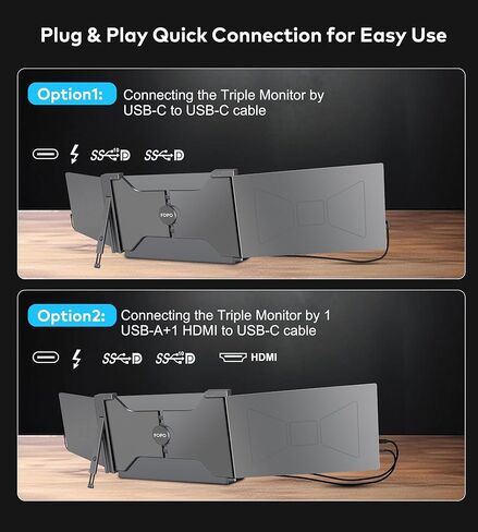 FOPO شاشة كمبيوتر محمول ثلاثية محمولة مقاس 15.6 بوصة، شاشة FHD 1080P IPS موسع شاشة محمولة لأجهزة الكمبيوتر المحمول مقاس 15.6-17.3 بوصة، موسع شاشة الكمبيوتر المحمول PnP Travel مع USB-C وHDMI، شاشة مزدوجة لنظام التشغيل Windows، Mac in Kuwait