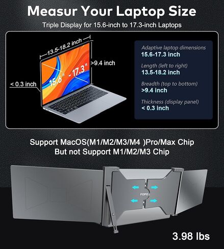 FOPO شاشة كمبيوتر محمول ثلاثية محمولة مقاس 15.6 بوصة، شاشة FHD 1080P IPS موسع شاشة محمولة لأجهزة الكمبيوتر المحمول مقاس 15.6-17.3 بوصة، موسع شاشة الكمبيوتر المحمول PnP Travel مع USB-C وHDMI، شاشة مزدوجة لنظام التشغيل Windows، Mac in Kuwait
