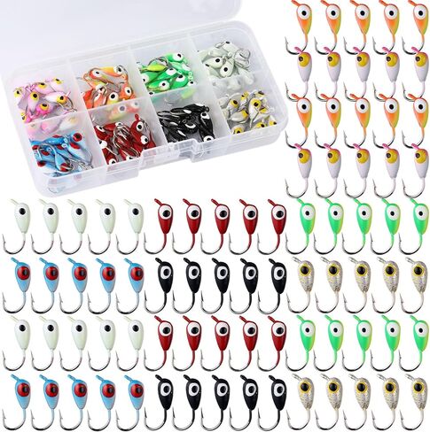 Vinsot 80 Pcs Ice Fishing Jigs Set, 1/16oz mini Ice Fishing Lures Winter Fish Jigs Heads Hooks Bulk with 3D Eyes Painted for Fish, Pike, Crappie, Walleye, Perch, Bass, Trout and Bluegill in Saudi Arabia