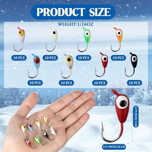 Vinsot 80 Pcs Ice Fishing Jigs Set, 1/16oz mini Ice Fishing Lures Winter Fish Jigs Heads Hooks Bulk with 3D Eyes Painted for Fish, Pike, Crappie, Walleye, Perch, Bass, Trout and Bluegill in Saudi Arabia