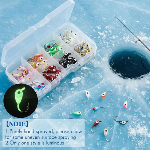 Vinsot 80 Pcs Ice Fishing Jigs Set, 1/16oz mini Ice Fishing Lures Winter Fish Jigs Heads Hooks Bulk with 3D Eyes Painted for Fish, Pike, Crappie, Walleye, Perch, Bass, Trout and Bluegill in Saudi Arabia