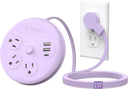 قطاع طاقة للسفر من ORICO، سلك تمديد مسطح بطول 4 أقدام مع 3 منافذ تيار متردد ومنفذي شحن USB-A و1 USB-C، قابس مسطح 45 درجة، واقي ضد زيادة التيار ضروري للرحلات البحرية/المنزل/المكتب، أرجواني-OR in Kuwait