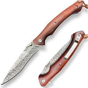 سكين جيب قابل للطي من الفولاذ الدمشقي EDC من TACTICAL GEARZ، مقبض من خشب الورد الطبيعي، 107 طبقات VG10 شفرة فولاذية دمشقية (Kanui XT) in Kuwait