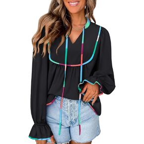 بلوزة بيبي دول من LOOKBOHO للنساء بأكمام طويلة ورقبة على شكل حرف V، قمصان بيبلوم لطيفة، بلوزة كاجوال بربطة أمامية فضفاضة مقاس L أسود in Kuwait