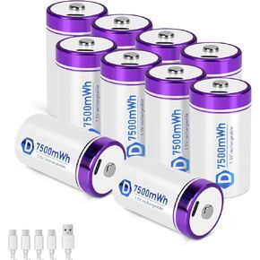 بطاريات ليثيوم D قابلة لإعادة الشحن مع كابلات شحن USB-C 4 في 1، 6 بطاريات ليثيوم أيون خلية D، استبدال بطارية خلية مقاس LR20 1.5 فولت D 7500 مللي واط في الساعة للضوء الكاشف (6 قطع) in Kuwait