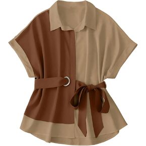 Verdusa Women's Plus Size Color Block Dolman Short Sleeve Tie Knot Blouse Dressy Shirts in Saudi Arabia
