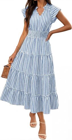 Caracilia Womens Summer Maxi Dress 2026 Casual V Neck Cap Sleeve Ruffle Striped Plaid Flowy Tiered Beach Vacation Sundress in Saudi Arabia