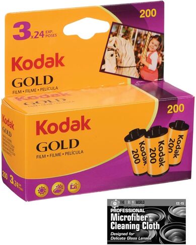 فيلم Kodak Gold 200 لون سلبي (فيلم رول 35 مم، 24 تعريض) - عبوة من 3 قطع مع قطعة قماش للتنظيف من الألياف الدقيقة in Kuwait