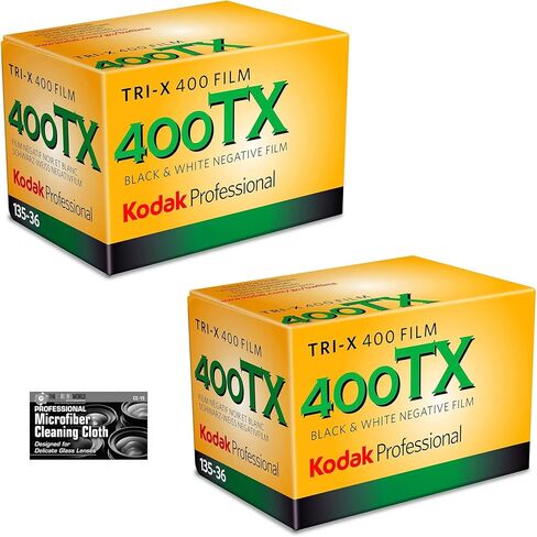 فيلم Kodak Professional Tri-X 400 باللونين الأسود والأبيض (فيلم رول 35 مم، 36 تعريضًا) - عبوتان مع قطعة قماش للتنظيف من الألياف الدقيقة in Kuwait
